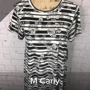 Black & White Stripe Carly Swing Dress with Roses by LuLaRoe - Size Medium